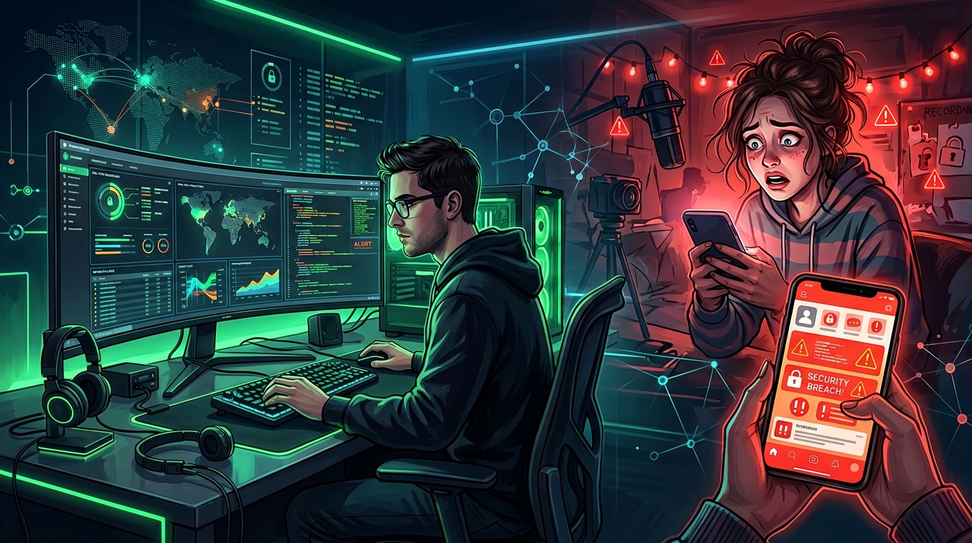 A creator receives security breach alerts while a cybersecurity specialist monitors and secures systems.